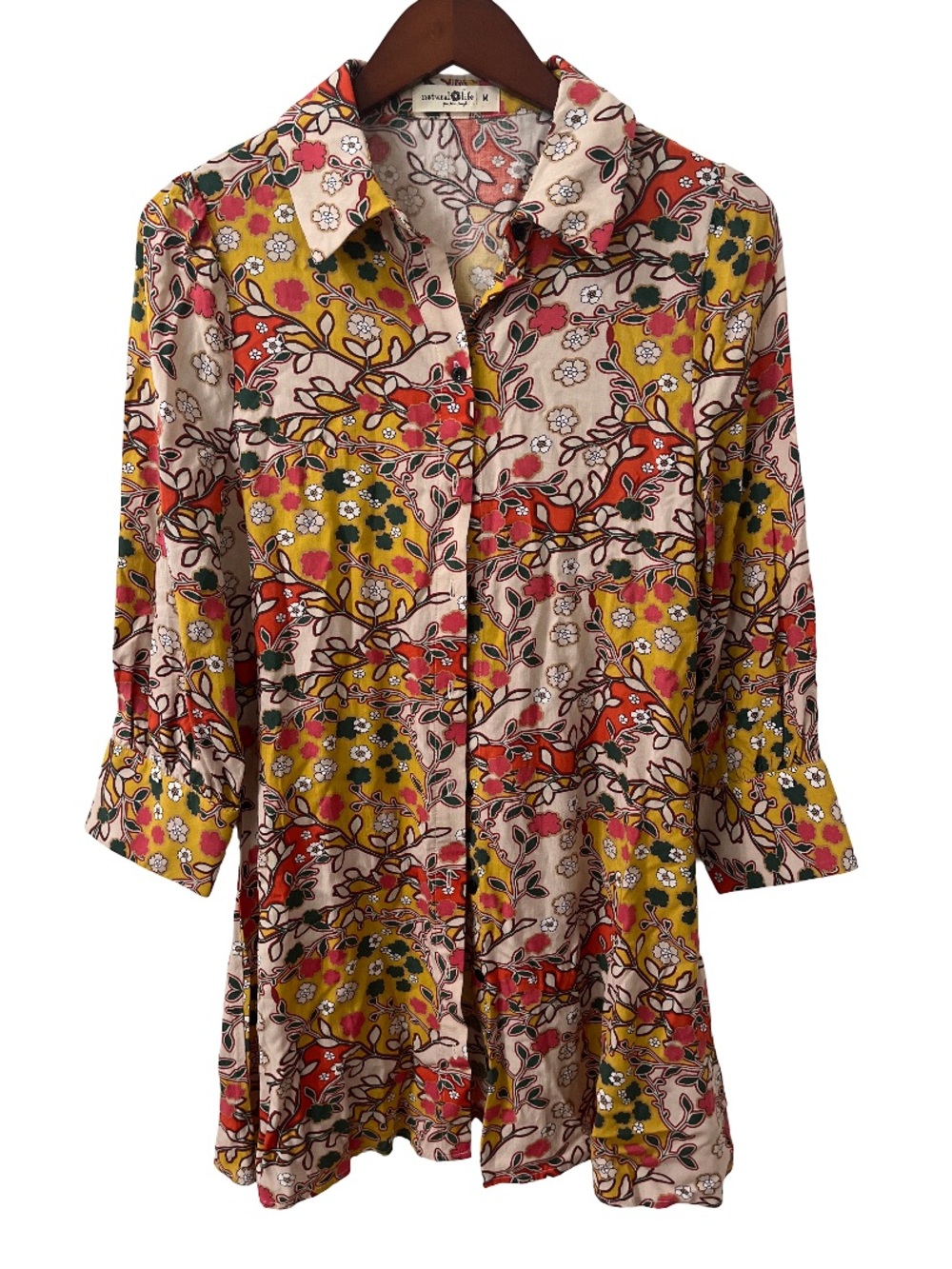 Natural Life Womens Medium Yellow Coral Beige Button Front Collared Mini Dress